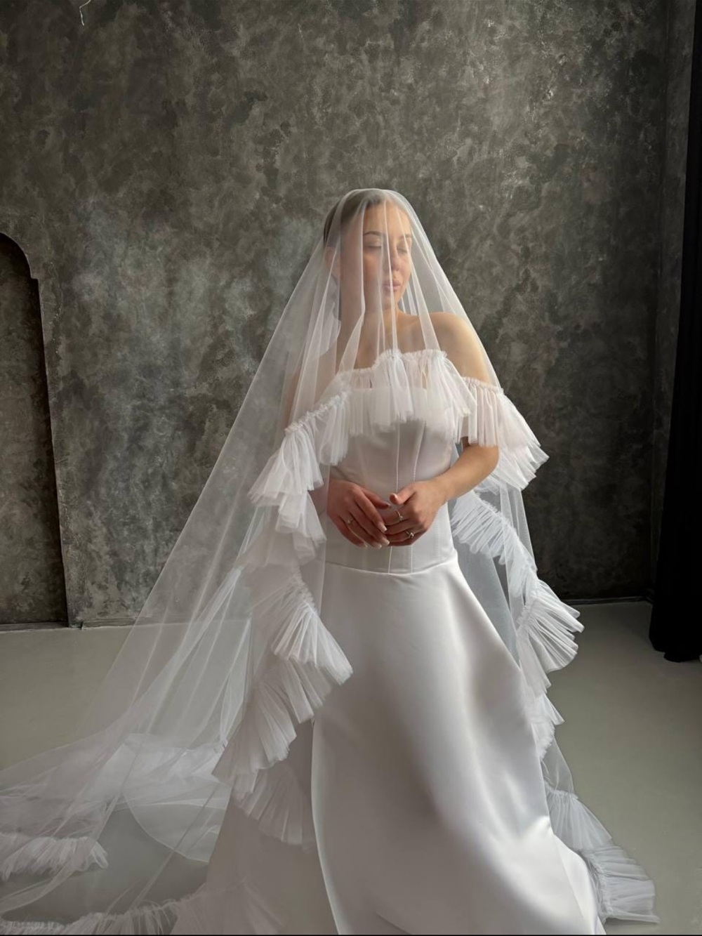 Cathedral Ruffle Bridal Gown in Light Ivory with Layered Tulle Veil